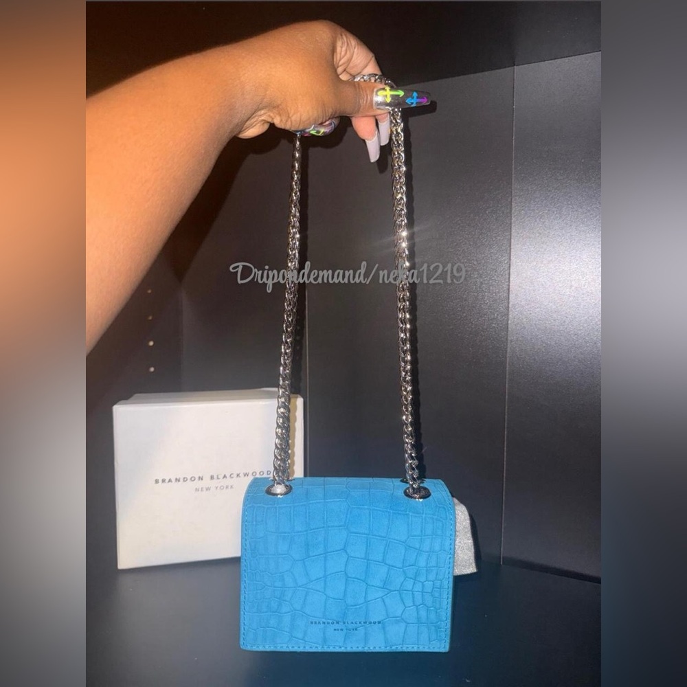 Brandon Blackwood Mini Sophia Croc Embossed Suede Shoulder Bag- Blue Croc Suede